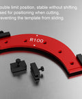 Straight Up Precision Router Radius Template Set For Flawless Internal And Outer Cabinet Edges Legit Aluminum Alloy Corner Jig showing red curved jig with black stabilizers.