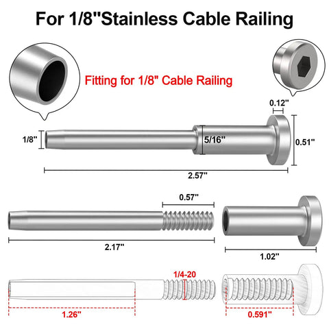 50 Pack Invisible Cable Railing Kit With One Eighth Inch T316 Stainless Steel Receiver And Swage Stud End, dimensions displayed