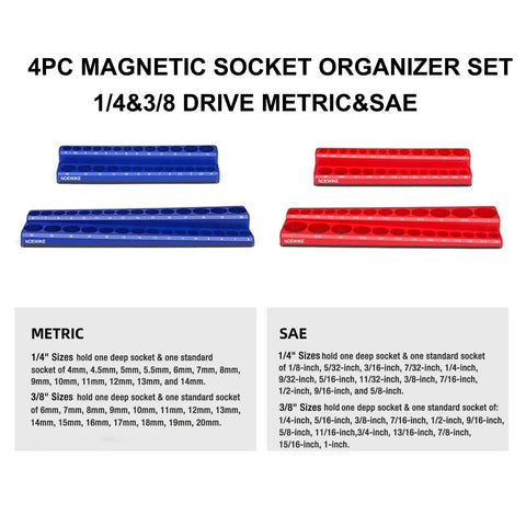 Rock Solid 4 Pack Magnetic Socket Organizer For Garage Storage Heavy Duty Quarter And Eighth Inch Drive Sae Metric Socket Holder Tray With Strong Magnet Base Keeps All Your Gear Properly Secured