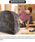 Heavy Duty Waterproof Miter Saw Cover Compatible With 12 Inch Saws To Keep Sawdust Out And Rain Off Shop Gear So Your Power Tools Stay Ready To Roll On The Daily, displayed over a miter saw in a workshop.