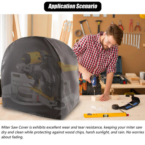 Heavy Duty Waterproof Miter Saw Cover Compatible With 12 Inch Saws To Keep Sawdust Out And Rain Off Shop Gear So Your Power Tools Stay Ready To Roll On The Daily, displayed over a miter saw in a workshop.