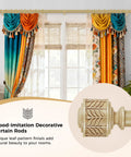 Window with colorful curtains on a wood look metal curtain rod set no fuss 1 inch heavy duty adjustable rods with leaf pattern finials boho farmhouse style for kitchen bedroom and living room fits 32 to 90 inches.