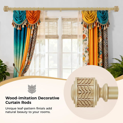 Window with colorful curtains on a wood look metal curtain rod set no fuss 1 inch heavy duty adjustable rods with leaf pattern finials boho farmhouse style for kitchen bedroom and living room fits 32 to 90 inches.