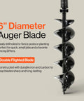 6 inch diameter auger blade with double flighted construction, part of Earth Auger Power Head With Steel 6 Inch By 30 Inch Bit Ultra Duty Cordless Electric With Lithium Ion Battery And Charger Perfect For Post Holes Burrowing Drilling And Yard Projects.