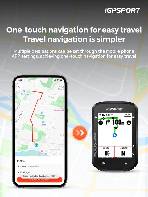 Route Nav GPS Bike Computer With 2.4 Inch Screen, Wireless Bluetooth ANT Plus, IPX7 Waterproof showing one-touch navigation