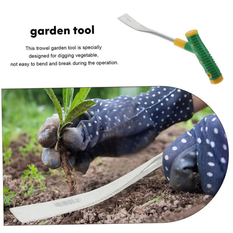 Gardener using heavy duty trowel from Versatile Garden Shovel And Pickaxe Set For Digging And Planting With Ergonomic Handle.