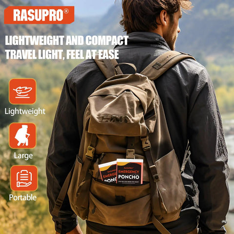 Backpacker with brown backpack featuring 4 Pack Emergency Ponchos With Thickened Mylar Blanket Lining, Windproof Waterproof Thermal Orange Survival Gear For Outdoor Rescue, Grab And Go Family Camping And Car Emergency Kits inserted in pocket.
