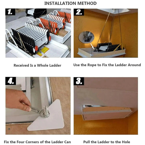 Installation method for Heavy Duty Electric Attic Ladder Pull Down Loft Stairs with remote trigger and titanium alloy frame.
