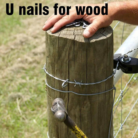 Pro Grade 220 Piece Heavy Duty Fencing Staples Kit, U Shaped Wire Nails for wood and fence installation on wooden post.