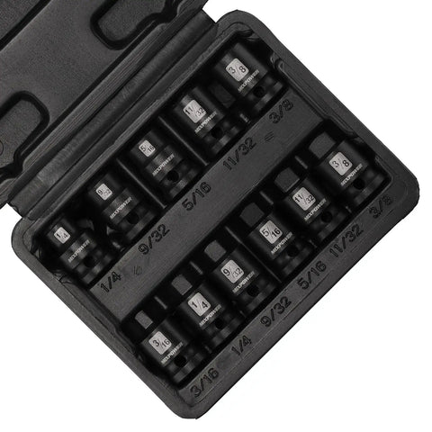 Eleven Piece Three Eighths Inch Drive Pipe Plug Socket Set SAE CRMO Heavy Duty with case showing sizes and slots