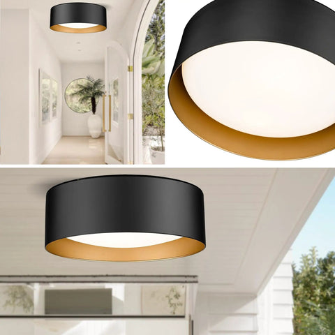 Two Light Frosted Glass Flush Mount Ceiling Light in black with gold inner accent in modern entryway setting