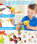 Child playing with 44 Piece Wooden Kids Tool Set With Drill, STEM Montessori Construction Toys For 3 4 5 Year Old Boys And Girls.