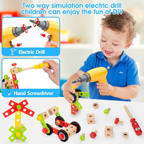Child playing with 44 Piece Wooden Kids Tool Set With Drill, STEM Montessori Construction Toys For 3 4 5 Year Old Boys And Girls.