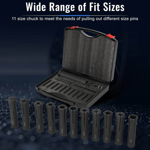 18 Piece Inline Dowel Pin Puller Master Set with SAE and Metric Collets in open black case with multiple collet sizes displayed