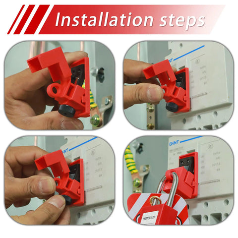 Installation process of 12 Pack Circuit Breaker Lockout Kit Clamp On For Single Pole Panels Fits 20 To 50 Amp Breakers 120 To 277 Volt.