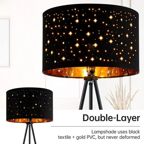 Tripod Floor Lamp With 8W LED Bulb Mid Century Style Standing Lamp Decorative Fabric Shade For Living Room Bedroom Study And Office Modern Farmhouse Boho Vibe Lighting showing double-layer starry lampshade.