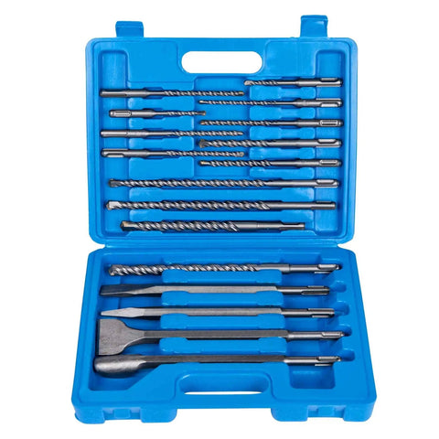 Heavy Duty SDS Plus Masonry Drill Bit Set 17 PC Carbide Tipped Four Flute Bits For Impact Rotary Hammers Blue Storage Case