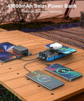 Massive 49800mAh Solar Power Bank with Wireless Charging and cables charging multiple devices on a wooden table