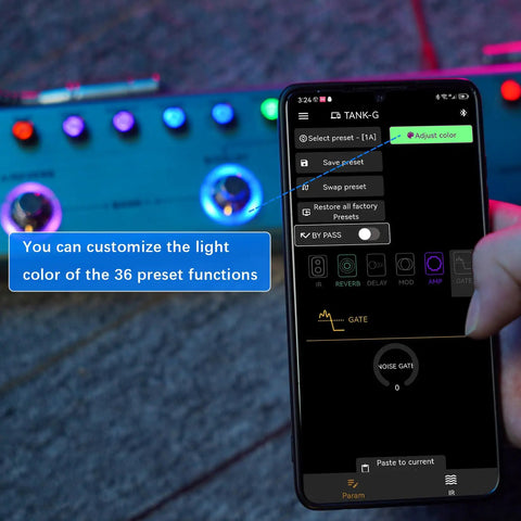 Tank G Multi Effects Guitar Pedal With 36 Editable Presets And A 3000mAh Rechargeable Battery shown with mobile app control
