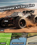 Beefed Up 1 To 14 Scale 50mph Electric Brushless RC Car for Adults JC14EP V3 on dirt road demonstrating all terrain capability