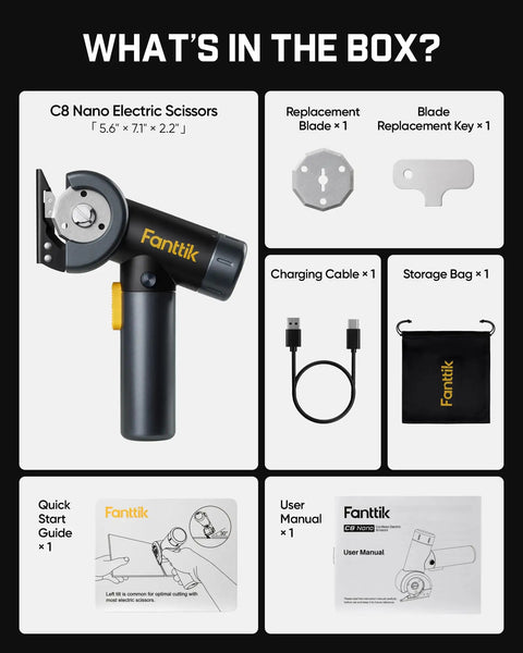 Fanttik C8 Nano Cordless Box Cutter and accessories including replacement blade, charging cable, and user manual.