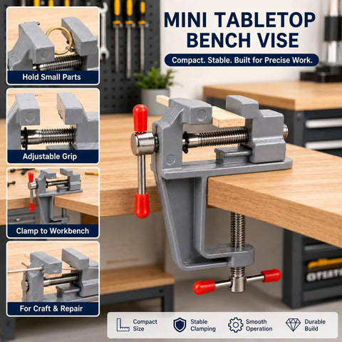 Multi Functional Bench Vise With High Carbon Steel Build Mini Adjustable Clamp for DIY projects shown on workbench.