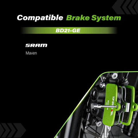 Graphene Brake Pads For SRAM Maven X Large GraphEx Tech For Beastly Stopping Power Quiet Long Lasting Performance On Ebikes MTB Enduro Downhill Bike Park, installed on a bike wheel.