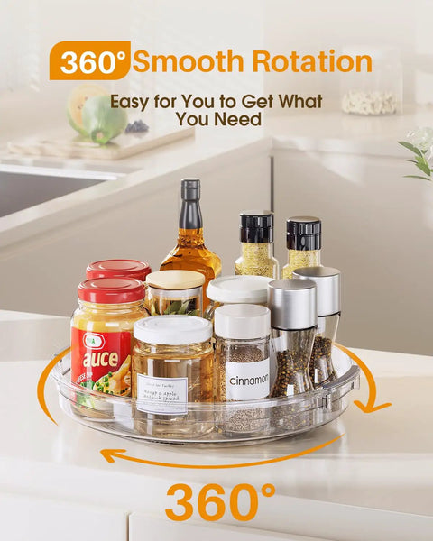 Clear Two Pack Rotating Lazy Susan Turntable For Kitchen Cabinets And Fridge Shelves with spice jars, 10.6 inch width with smooth swivel action.