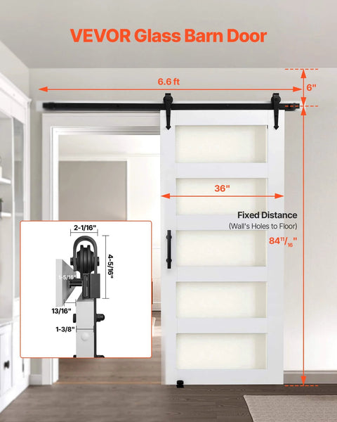 Premium Sliding Barn Door Kit 36 By 84 Inches With Header Board 6 Foot 6 Inch Track Kit And Handle Waterproof PVC Surface Pre Drilled Holes Easy Assembly No Fuss Quick Install MDF Construction Smooth And Quiet Sliding installed in a room