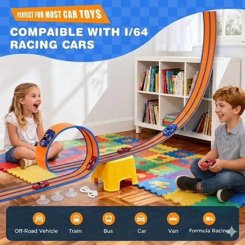 Children playing with Two Track Flexible Race Track Set For Kids With 15 Ft Of Buildable Track Includes 2 Toy Cars And 3 Suction Cup Ramps DIY Custom Racetrack Designs Endless Layouts For Boys And Girls Great Easter Gift on colorful play mat