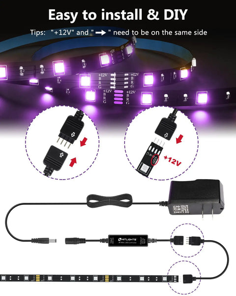 Rgb Led Strip Lights Kit with 3 short 1.64 foot strips dimmable 5050 color changing tape lights, connectors, and RF remote setup guide.