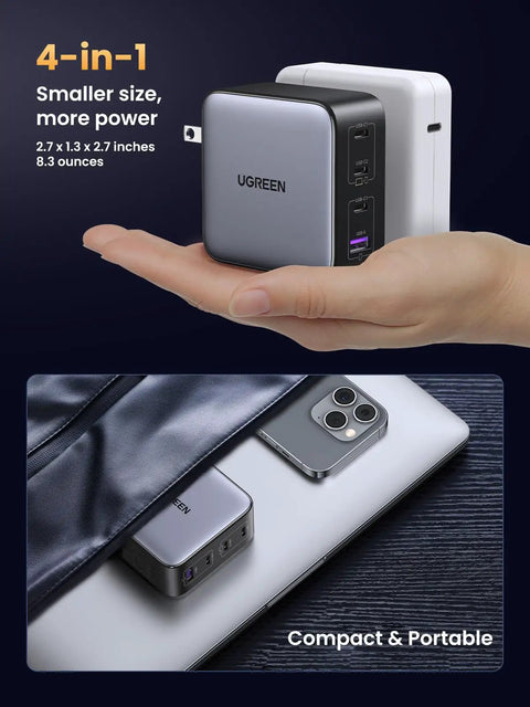 GaN 100W USB C Charger With Four Ports, Ultra Compact Foldable Power Adapter For Laptops and Phones On the Go, Fast 100W Charging For MacBook Pro and Air, iPad Pro, iPhone 17 16 15 Series, Galaxy S25 S24, Pixel 10 9, Steam Deck, Pixelbook. 4-in-1 compact charger with USB-C and USB-A ports, 2.7 x 1.3 x 2.7 inches, on hand