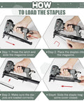 Instructions on loading staples in Pro Grade Air Powered 20 Gauge Upholstery Stapler With 1500 Pcs T50 Staples In 1/4, 3/8, And 5/8 Inch