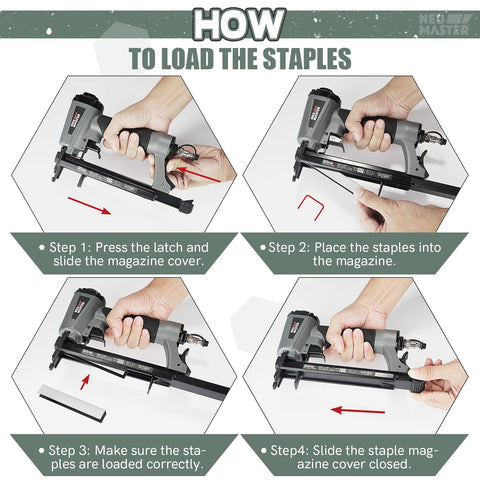 Instructions on loading staples in Pro Grade Air Powered 20 Gauge Upholstery Stapler With 1500 Pcs T50 Staples In 1/4, 3/8, And 5/8 Inch