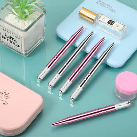 10 Pcs Manual Microblading Pens Aluminum Eyebrow Tools Set For Salon Use Pro Grade Lightweight Handheld Microblade Pens In Silver And Pink Durable Grip For Precise Shaping And Fine Detailing, aluminum pens on teal surface