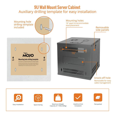 Nine U Wall Mount Server Cabinet With Lockable Tempered Glass Door And Side Panels Hella Secure Steel Build Knockout Design No Drama Setup For 19 Inch Network Racks Audio Gear Black