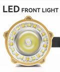 Close-up of LED front light on Beast Mode Ultra Bright USB Rechargeable LED Flashlight With 8 Modes Side Light And Hooks 10000 Lumens.