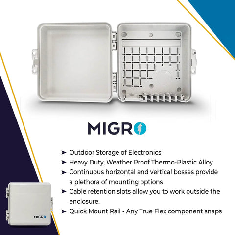 Open view of Weatherproof Outdoor Junction Box for Electronics, Tough As Nails Plastic Electrical Enclosure, with mounting options.