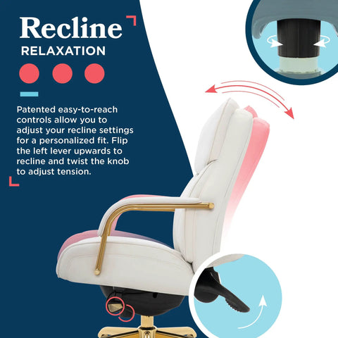 Symphony Ergonomic Bonded Leather Swivel Executive Chair with recline settings, white and gold upholstery, side view