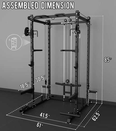 Heavy Duty Power Rack And Cable System For Home Gym Workout Gear dimensions with height 85 inches and width 61 inches.
