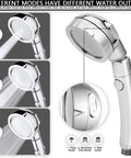Detachable Handheld Shower Head With 3 Settings High Pressure Water Saving 360 Degree Rotating With On Off Pause Switch 59 Inch Hose Brass Fittings Chrome Finish RV Ready showing pulse, mountain dew, and rain modes