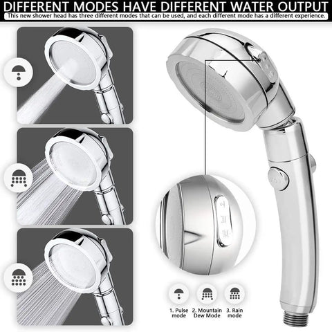Detachable Handheld Shower Head With 3 Settings High Pressure Water Saving 360 Degree Rotating With On Off Pause Switch 59 Inch Hose Brass Fittings Chrome Finish RV Ready showing pulse, mountain dew, and rain modes
