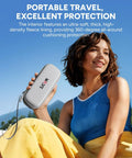 Woman holding protective case with scenic background, showcasing portable travel feature