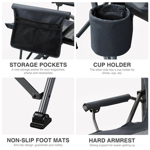 Oversized Folding Camping Chair For Outdoors with side pockets, cup holder, non-slip foot mats, and hard armrest details.