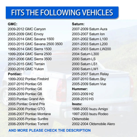 Engine coolant temperature sensor compatibility chart graphic listing Chevy, GMC, Pontiac, Saturn, Isuzu models