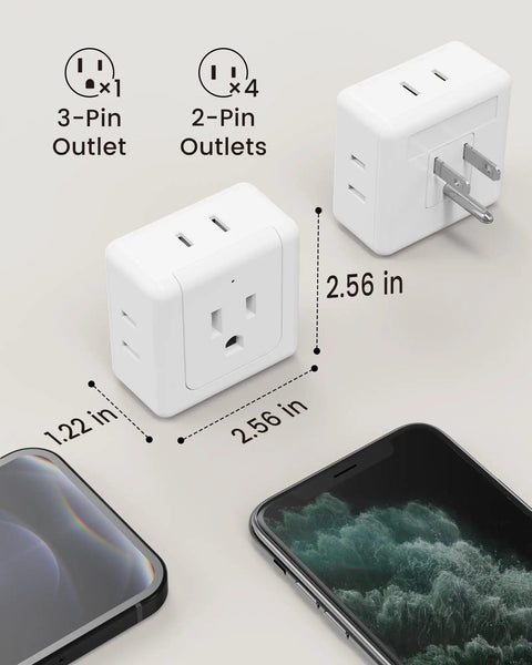 Five Way Wall Outlet Extender With 90 Degree Angled Side Plugs, Ultra Slim Flat 3 Prong Wall Adapter, 15A 1875W, white cubes next to phone.