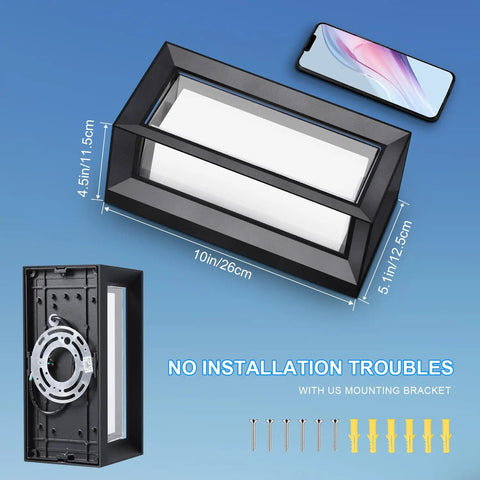 Outdoor Wall Light Set 1800 Lm 6000K Modern Black Exterior Porch Lights with mounting bracket and dimensions shown.