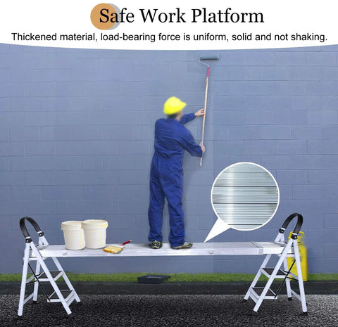 Heavy Duty Aluminum Scaffold Tower Featuring Adjustable Retractable Work Platform And Non Slip Scaffolding Plank Built Like A Tank For Serious Job Sites being used for painting a wall.