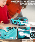 Gesture Sensing Remote Control Car With Charging Dock 360 Degree Rotation Drift RC Stunt Toy 40 Minute Playtime Dual Control Spray Mist And LED Lights Dope Birthday Gift For Kids Boys And Girls Blue in action, showing spray mist and LED lights feature.