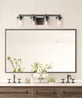 Farmhouse Vanity Light Fixture With Faux Wood Finish And Clear Glass Shades, 4 Light Rustic Industrial Style above mirror
